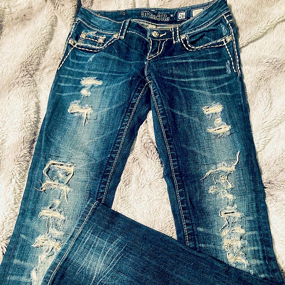 Miss Me jeans. Straight Size 26, 33 Length. Dark wash with faux distressing.